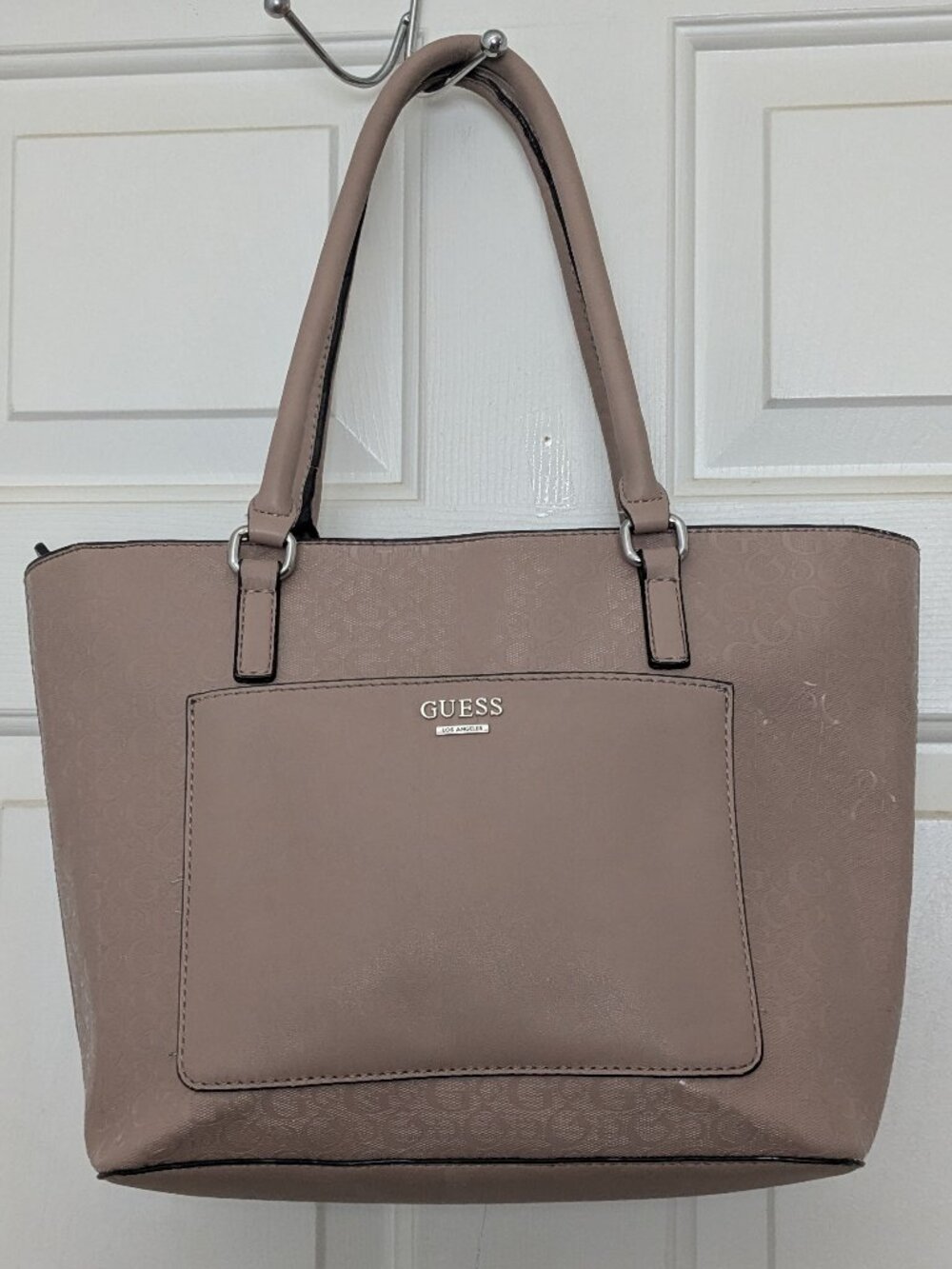 Guess Women's Tote Bag With Repeating G Logo Patent Leather Brown .
